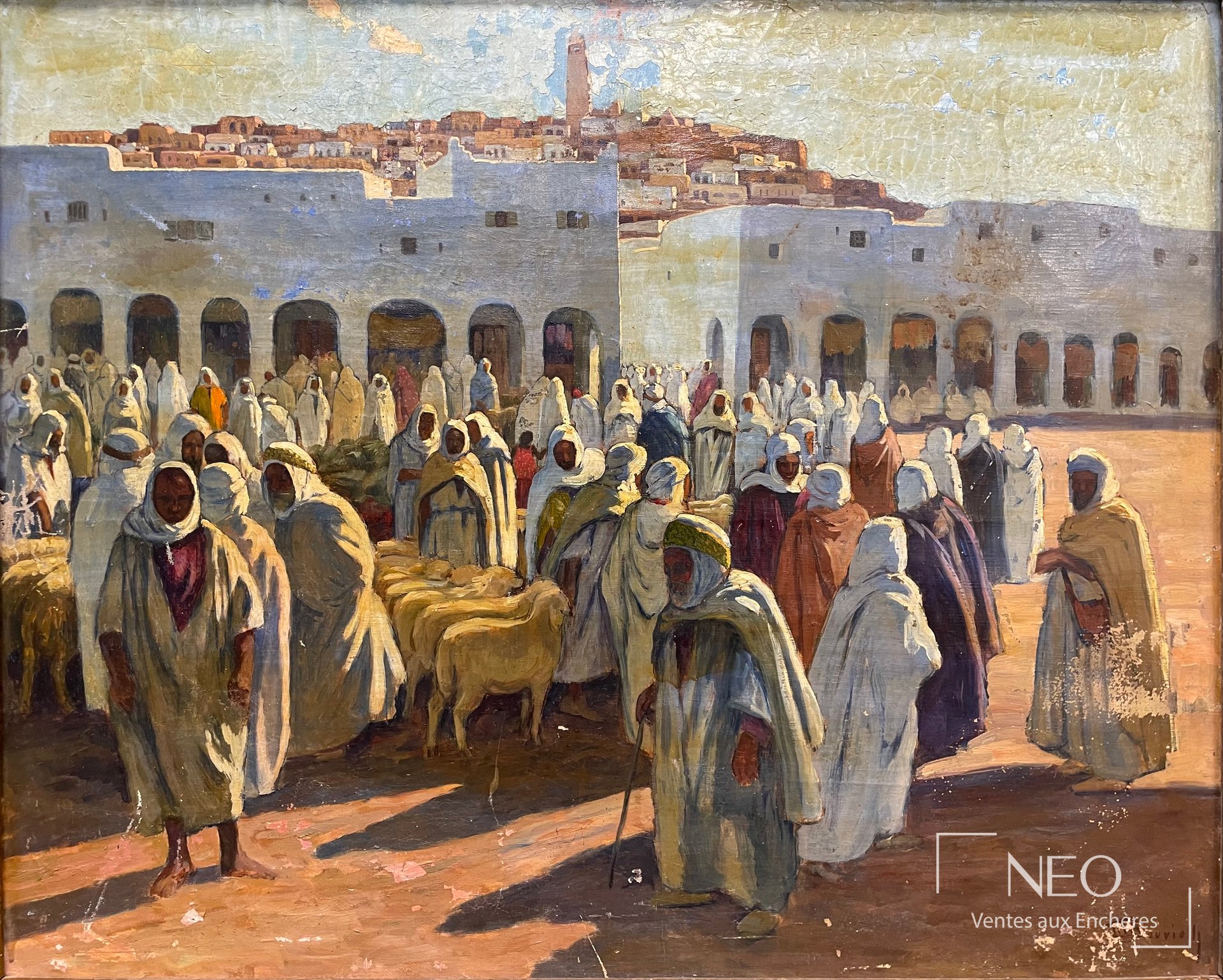 Huile sur toile représentant un marché aux moutons à Ghardaïa avec de nombreux personnages et des moutons.