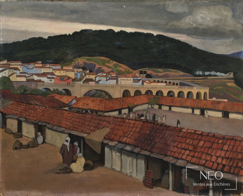 Vue d'ensemble d'une huile sur toile représentant Constantine sous un ciel sombre