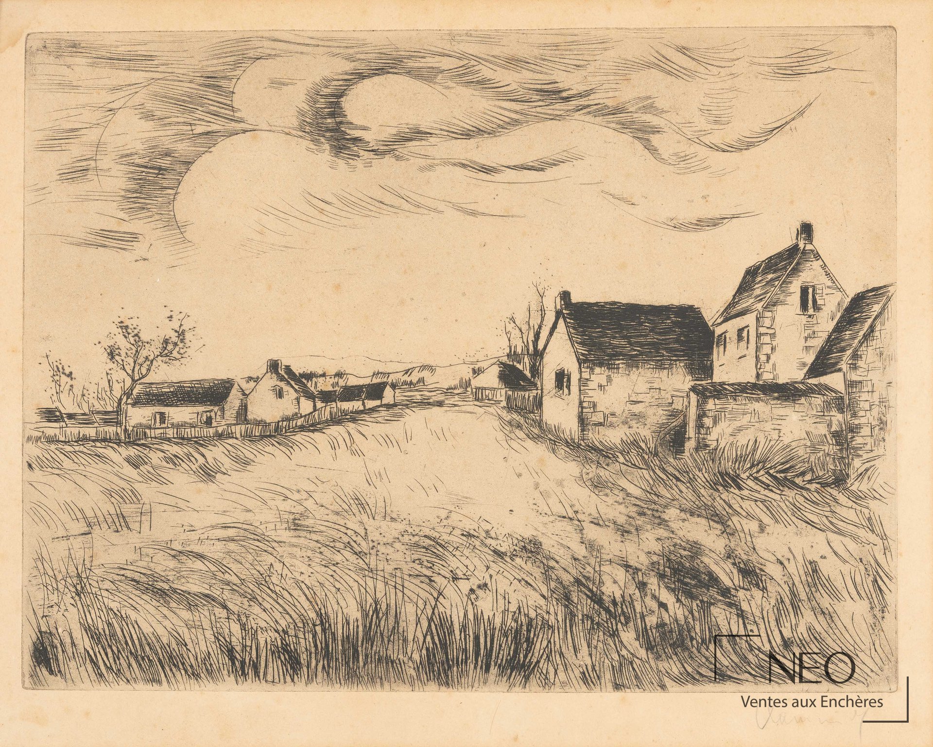 Estampe de Maurice de Vlaminck représentant une plaine avec maisons et grands nuages