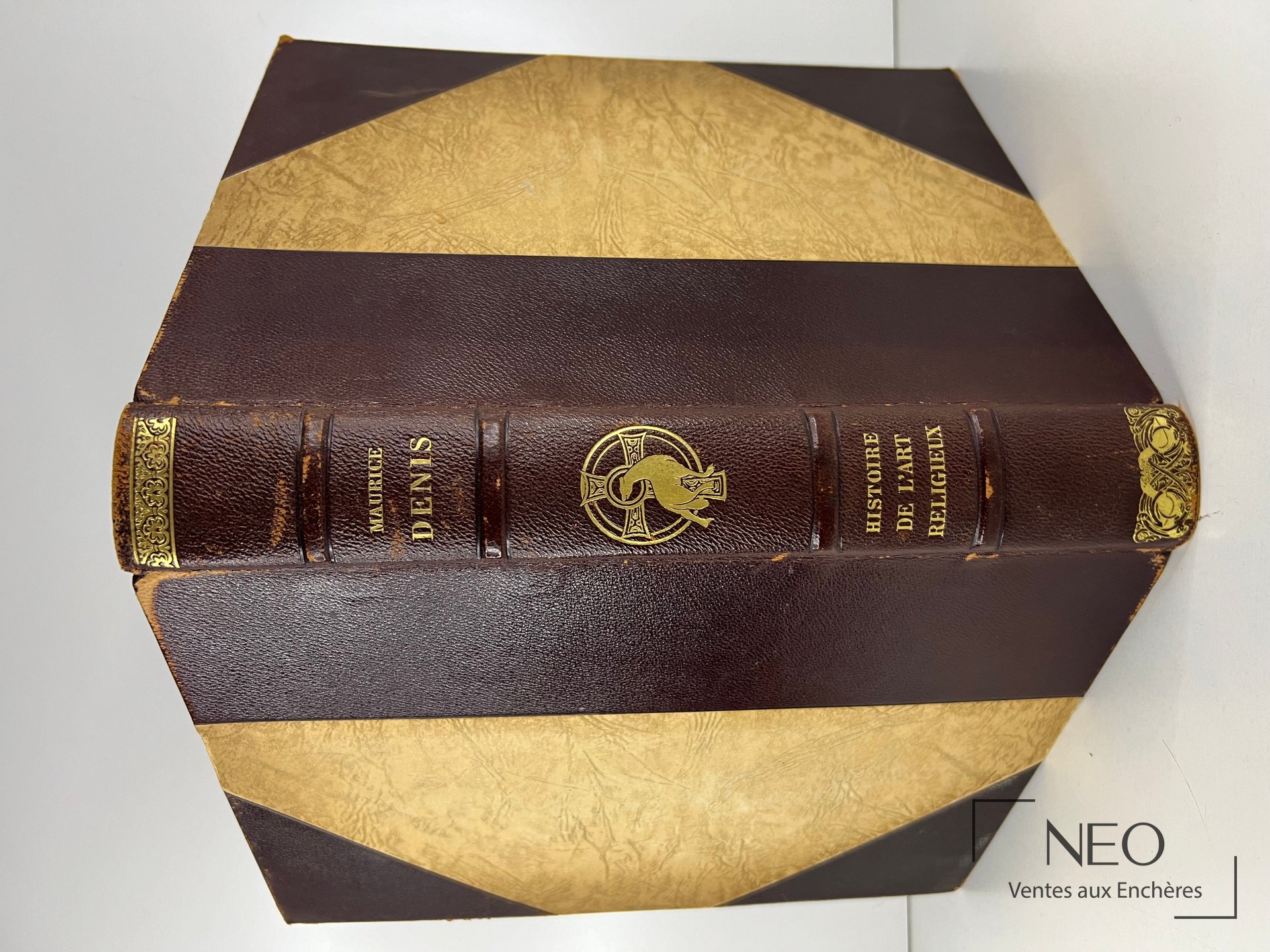 Dos d un livre relié en demi chagrin brun avec titre et ornements dorés