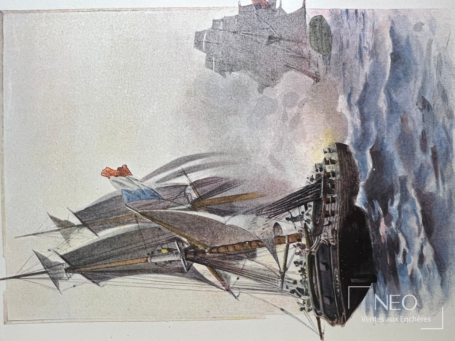 Page illustrée d'un livre ancien avec une composition marine et une structure monumentale sur la droite