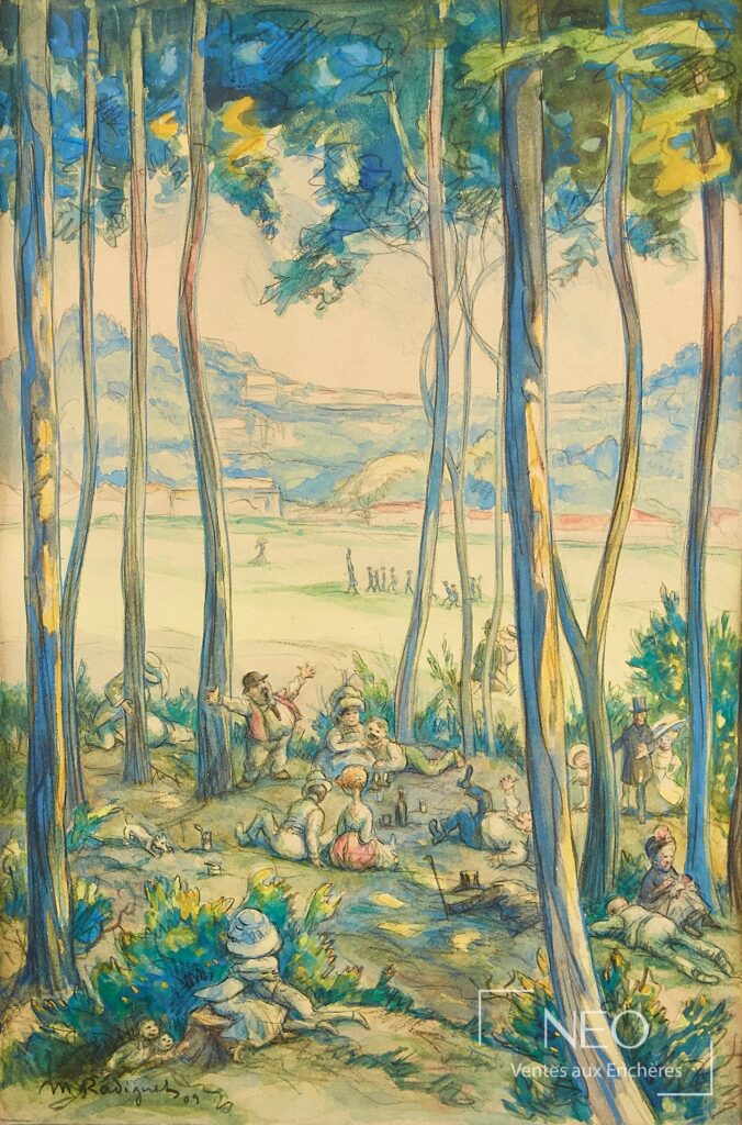 Dessin coloré d'un sous-bois avec des figures