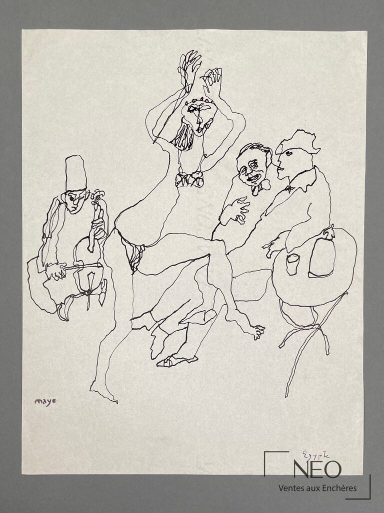 Dessin à l'encre sur papier représentant plusieurs figures