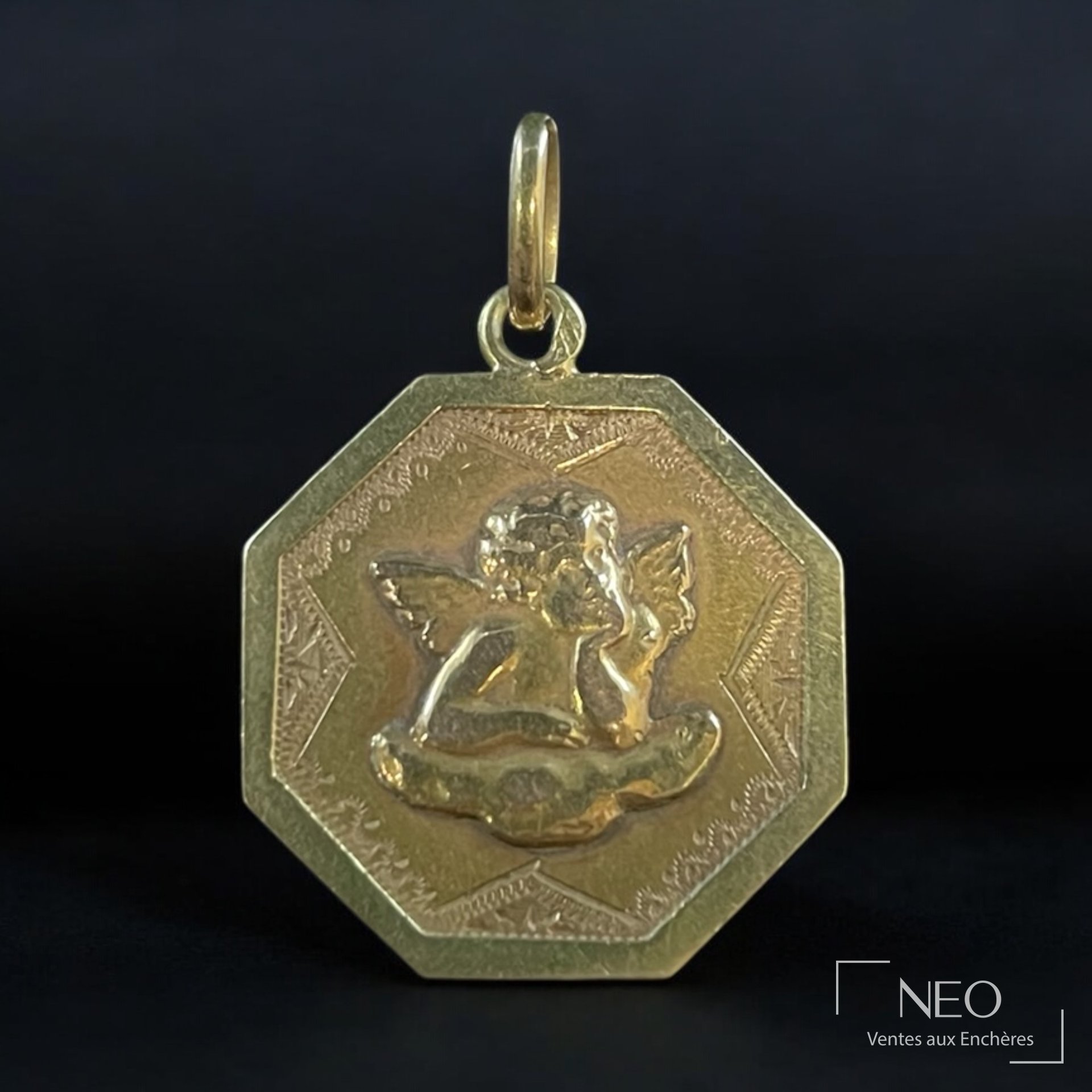 Médaille de baptême en or jaune 18 carats, forme octogonale, ange