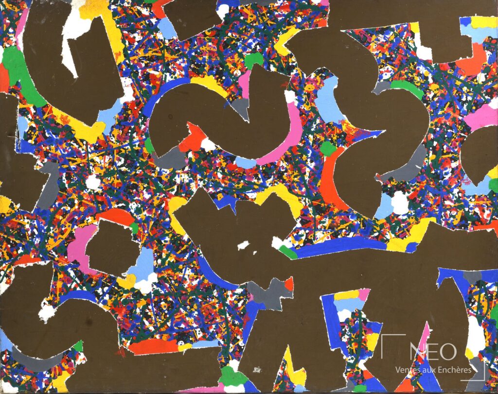 Composition abstraite aux aplats bruns et couleurs vives sur toile
