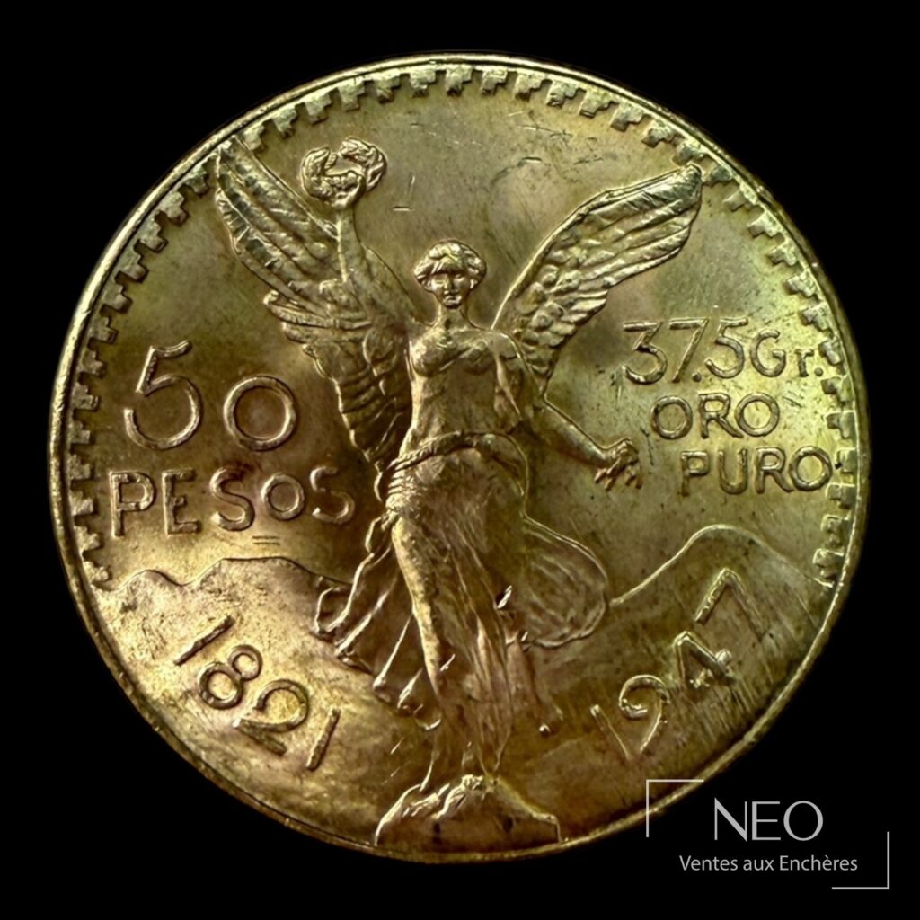 Avers d'une pièce mexicaine de 50 Pesos en or avec l'ange de l'indépendance et les inscriptions 50 PESOS et 37.5 Gr.