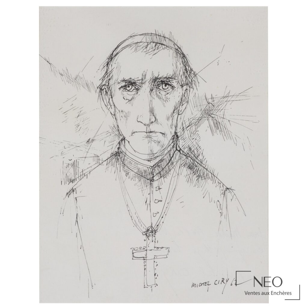Portrait frontal d'un ecclésiastique au trait d'encre