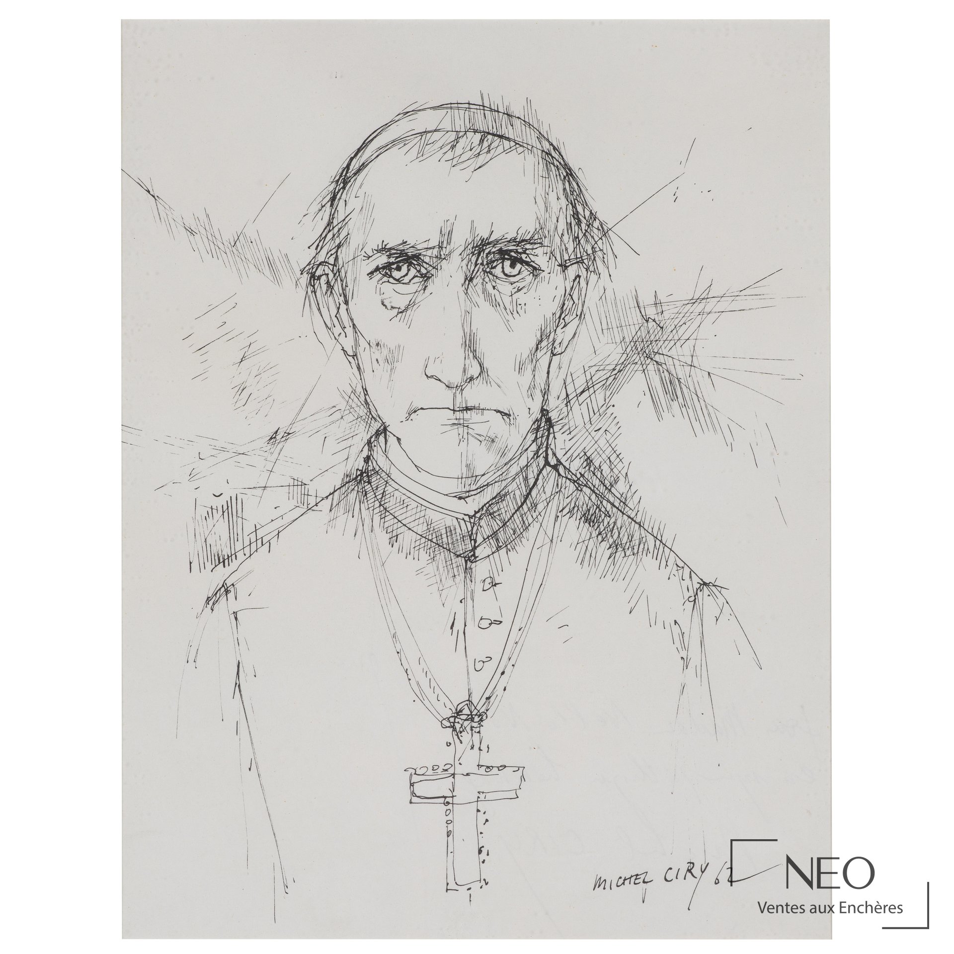 Portrait frontal d'un ecclésiastique au trait d'encre