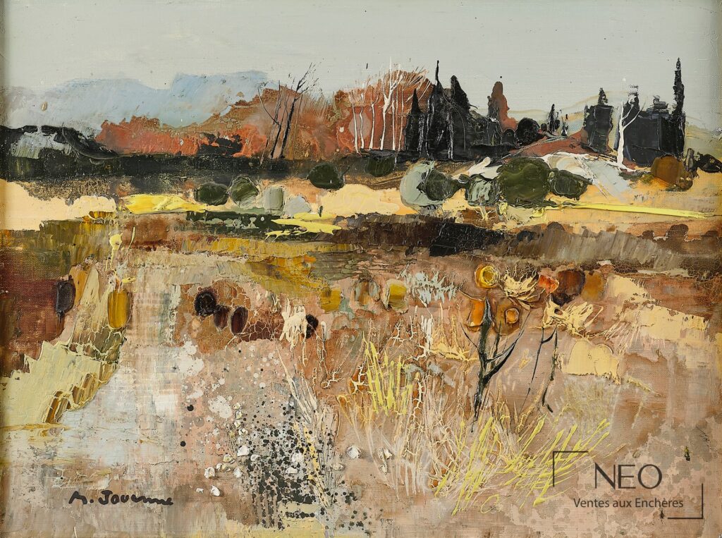 Huile sur toile colorée représentant un paysage abstrait et une signature en bas à gauche.