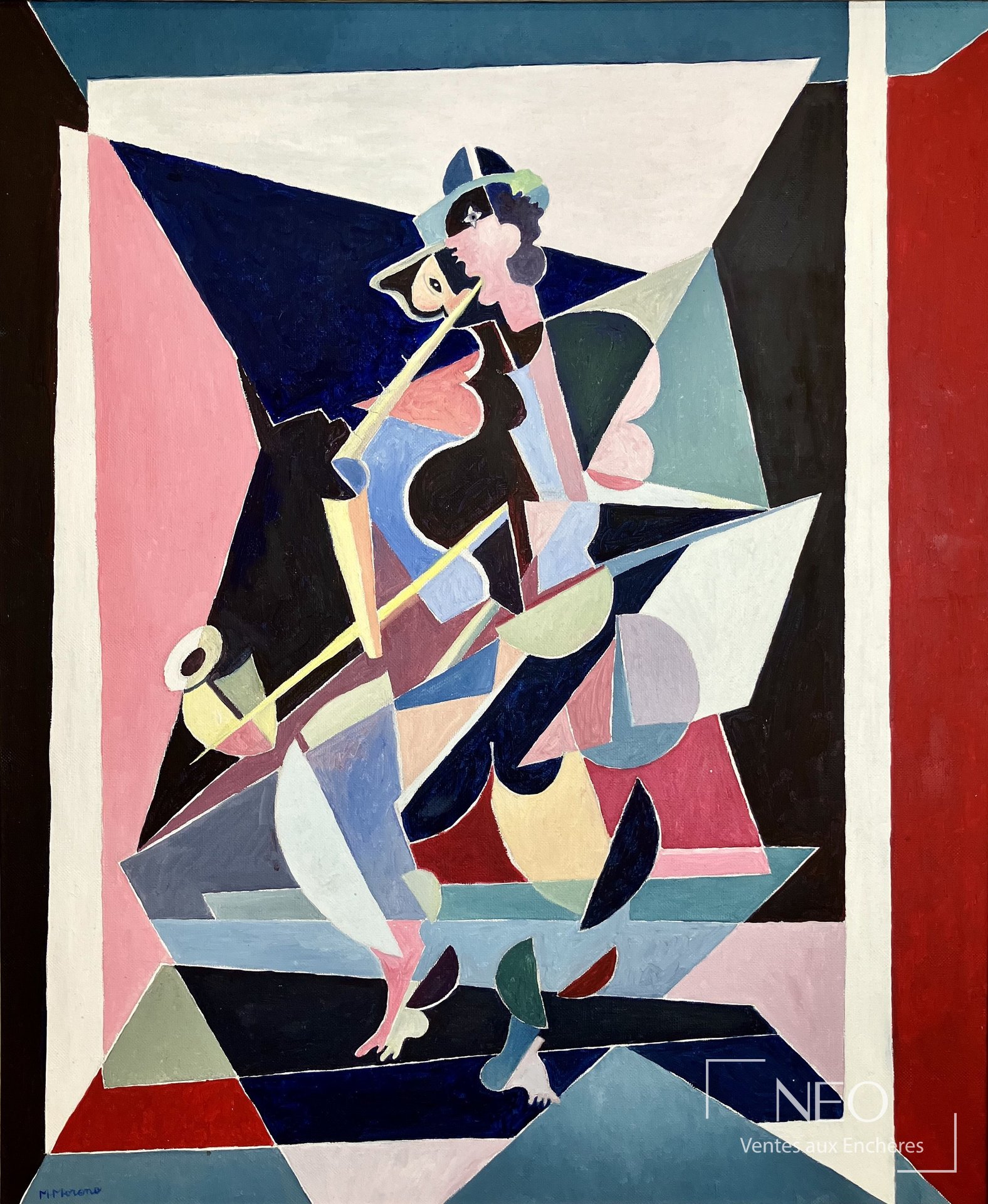 Huile sur toile de Michel Moreno représentant un saxophoniste dans une composition géométrique colorée