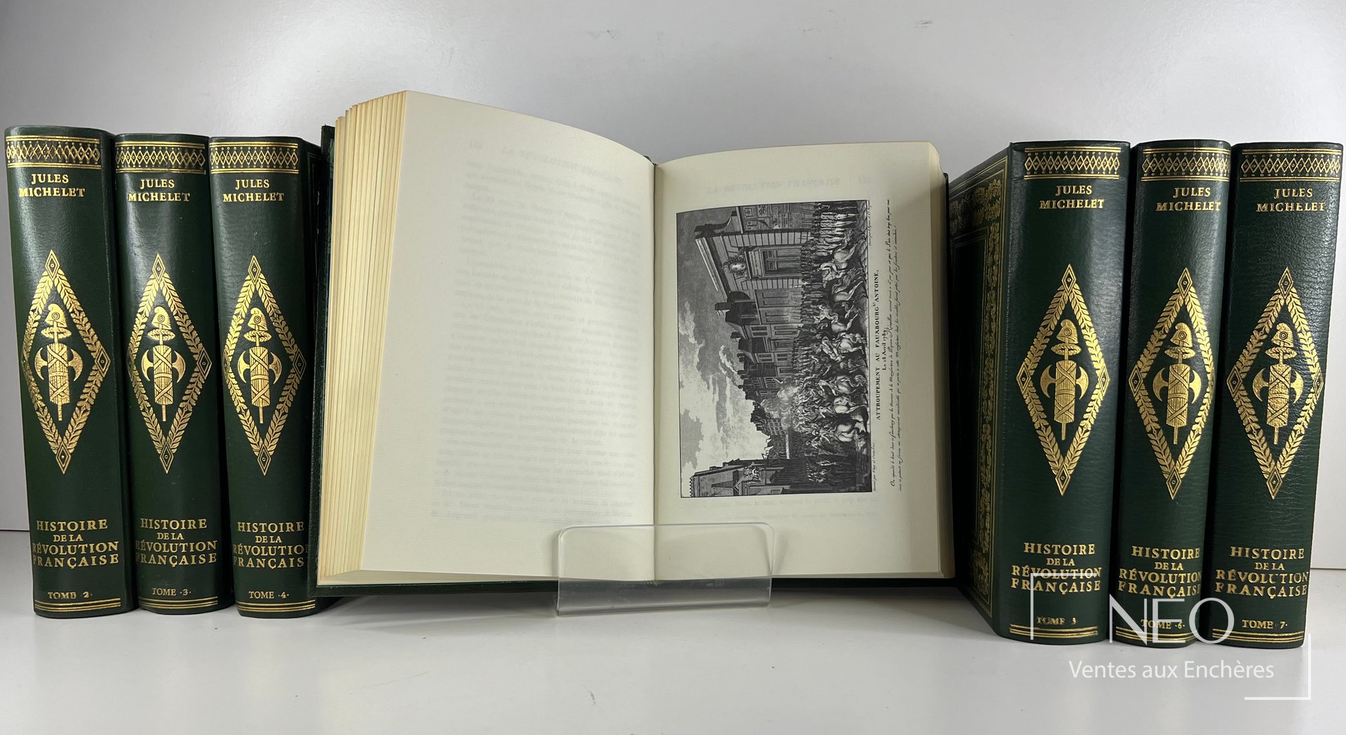 Sept volumes reliés vert sombre de Jules Michelet alignés