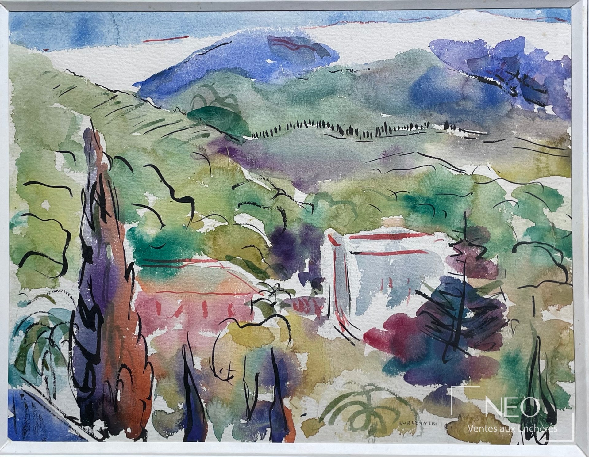 Aquarelle Paysage au cyprès de Mieczyslaw Lurczynski