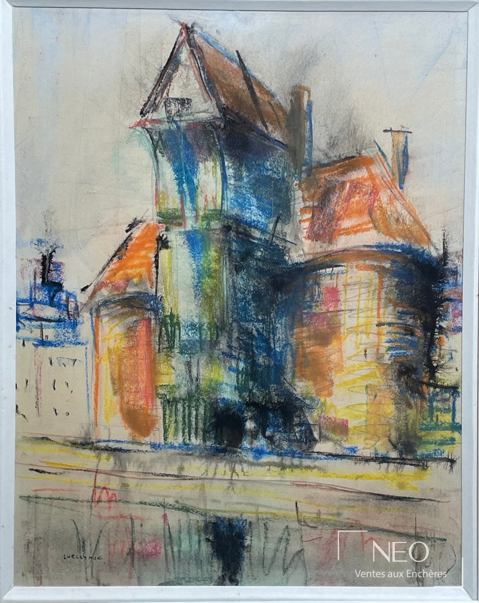 Maison à tourelle en pastel et fusain