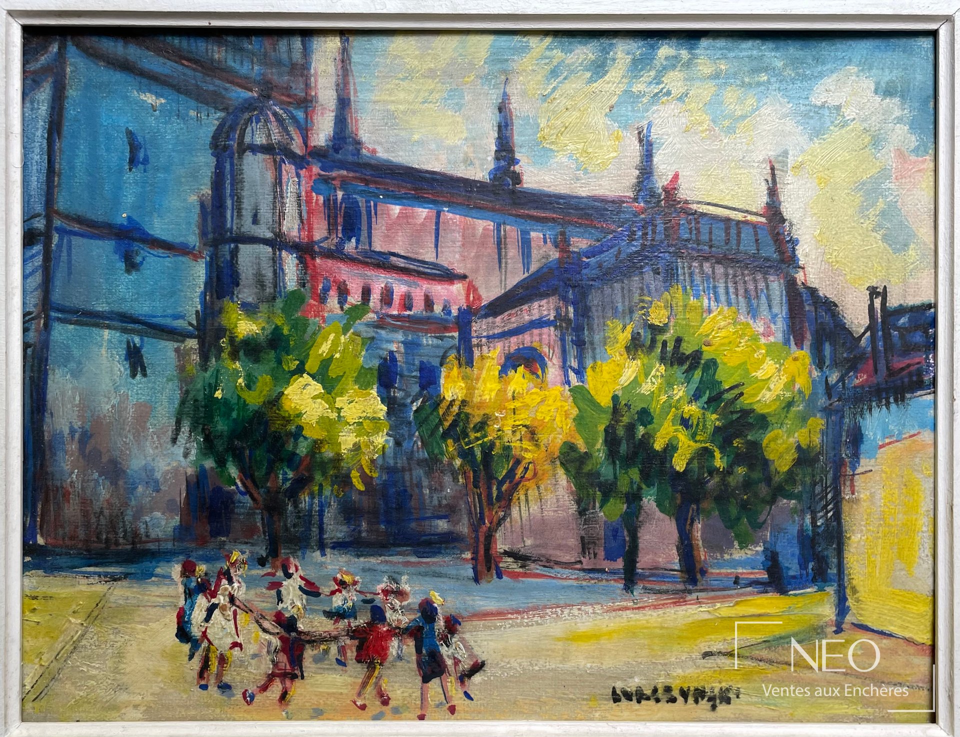 Huile sur carton représentant des enfants devant une église