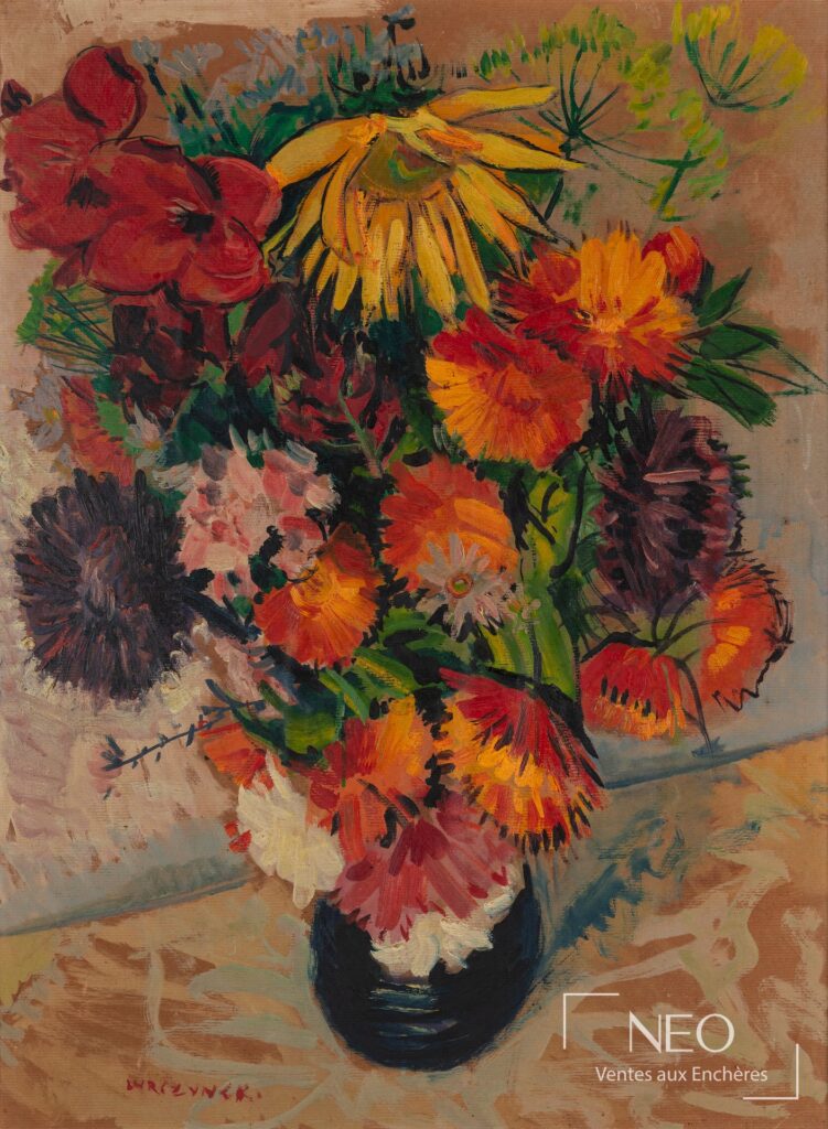 Bouquet de fleurs coloré peint à l'huile avec vase sombre sur fond brun.