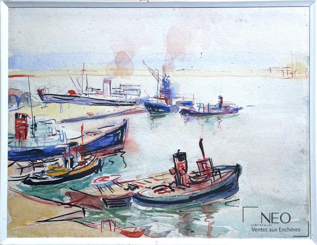 Vue de port à l'aquarelle et à l'encre avec plusieurs bateaux au mouillage