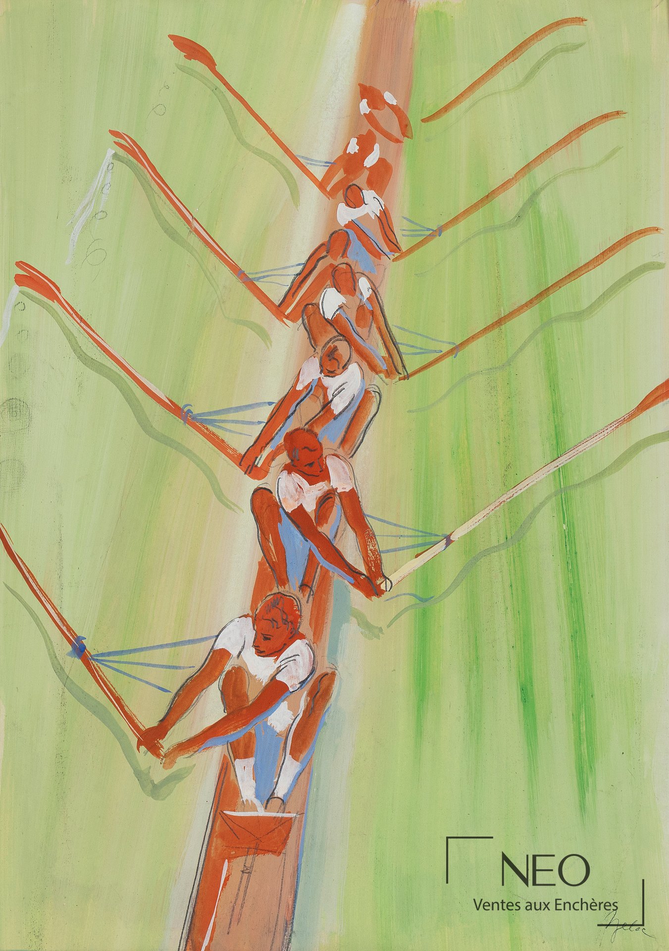 Composition au gouache et crayon graphite représentant des rameurs sur une embarcation