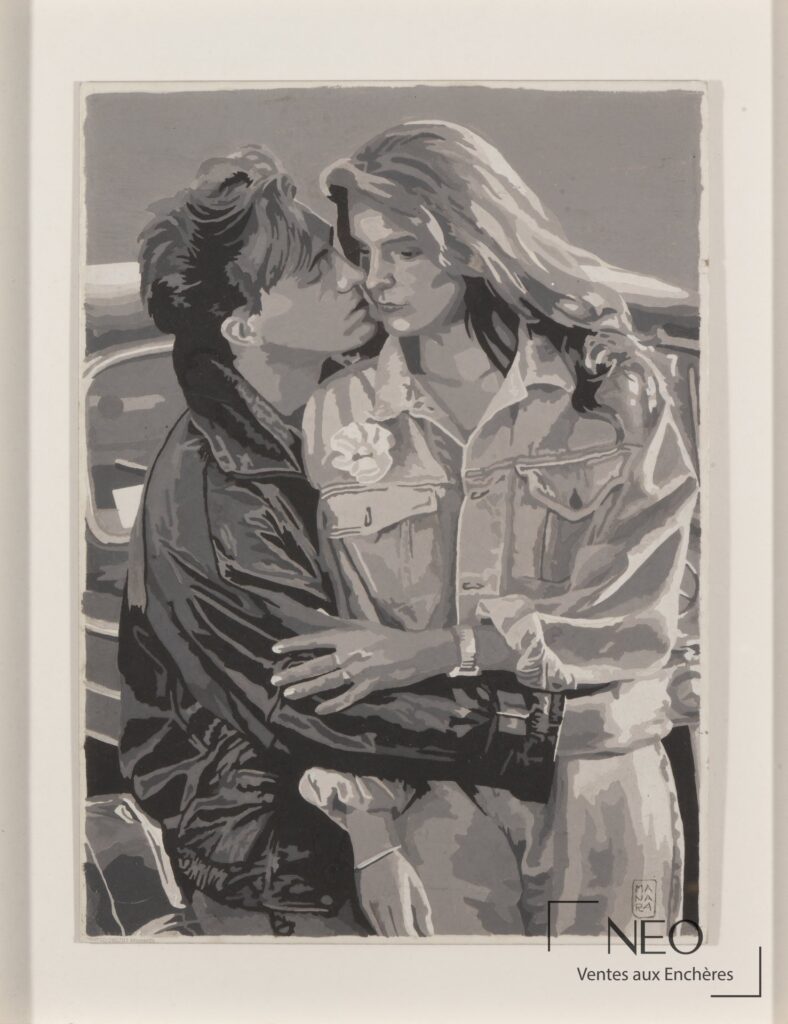 Illustration en gouache d’un couple enlacé