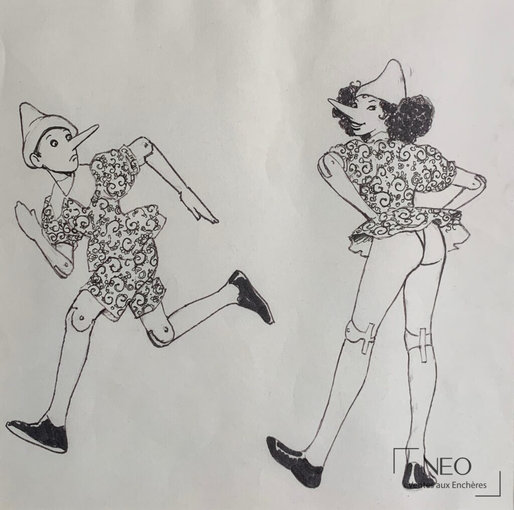 Dessin de Milo Manara représentant deux personnages inspirés de Pinocchio