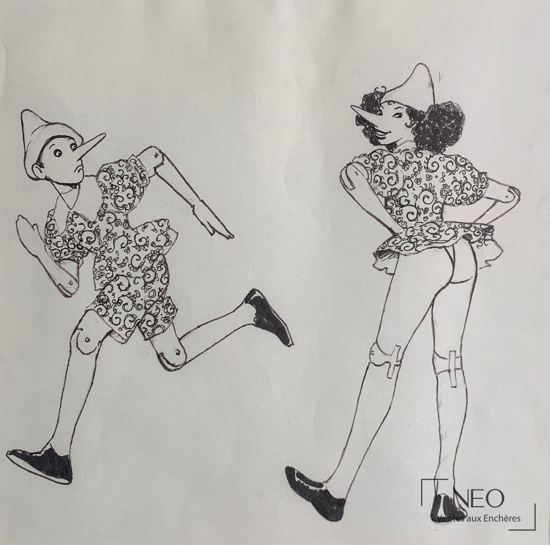 Dessin de Milo Manara représentant deux personnages inspirés de Pinocchio