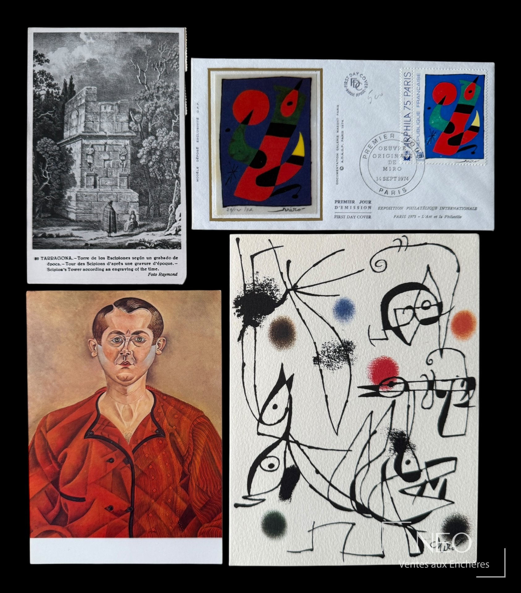Ensemble de quatre cartes postales liées à Joan Miro