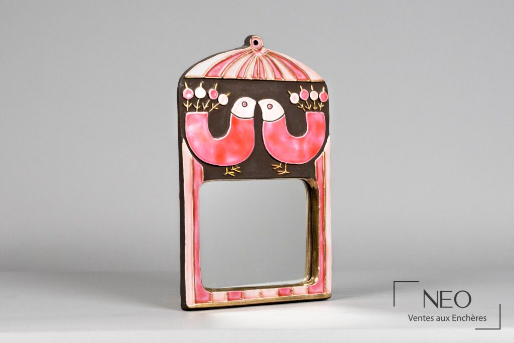 Miroir en céramique émaillée rose et doré