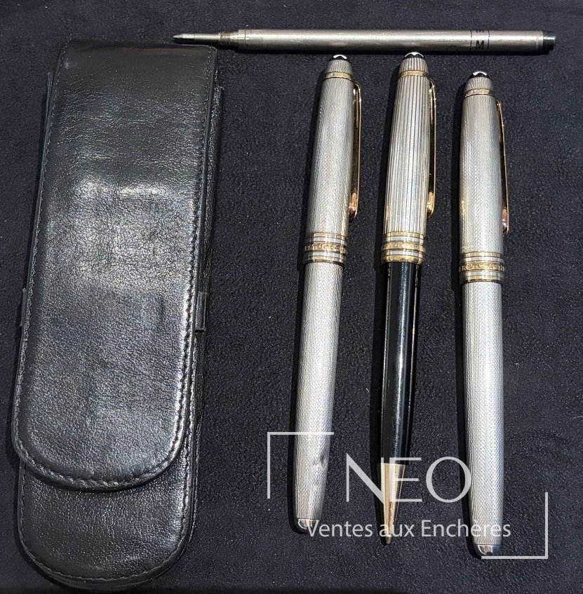 Ensemble Montblanc Meisterstück avec trois stylos et une pochette en cuir noir