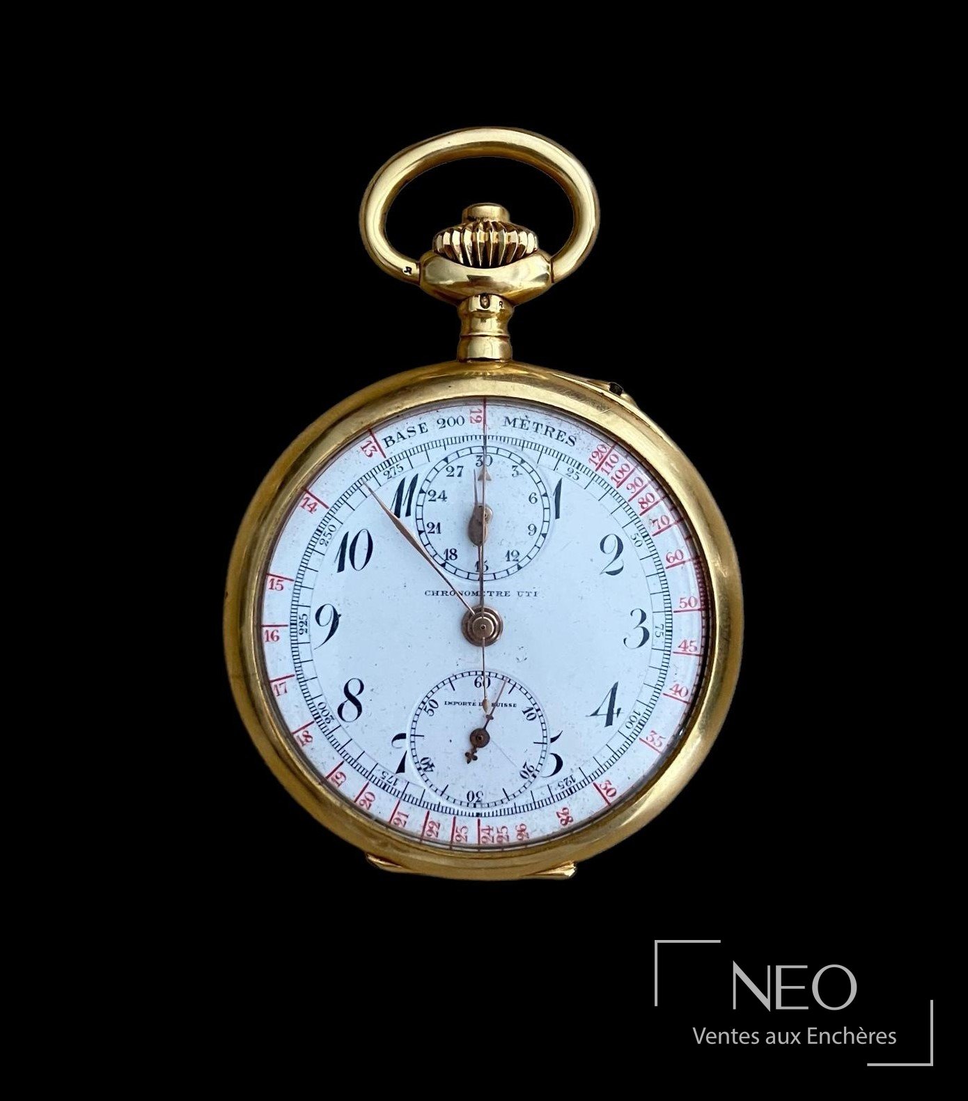 Montre à gousset chronomètre en or jaune avec cadran émaillé blanc et petites trotteuses