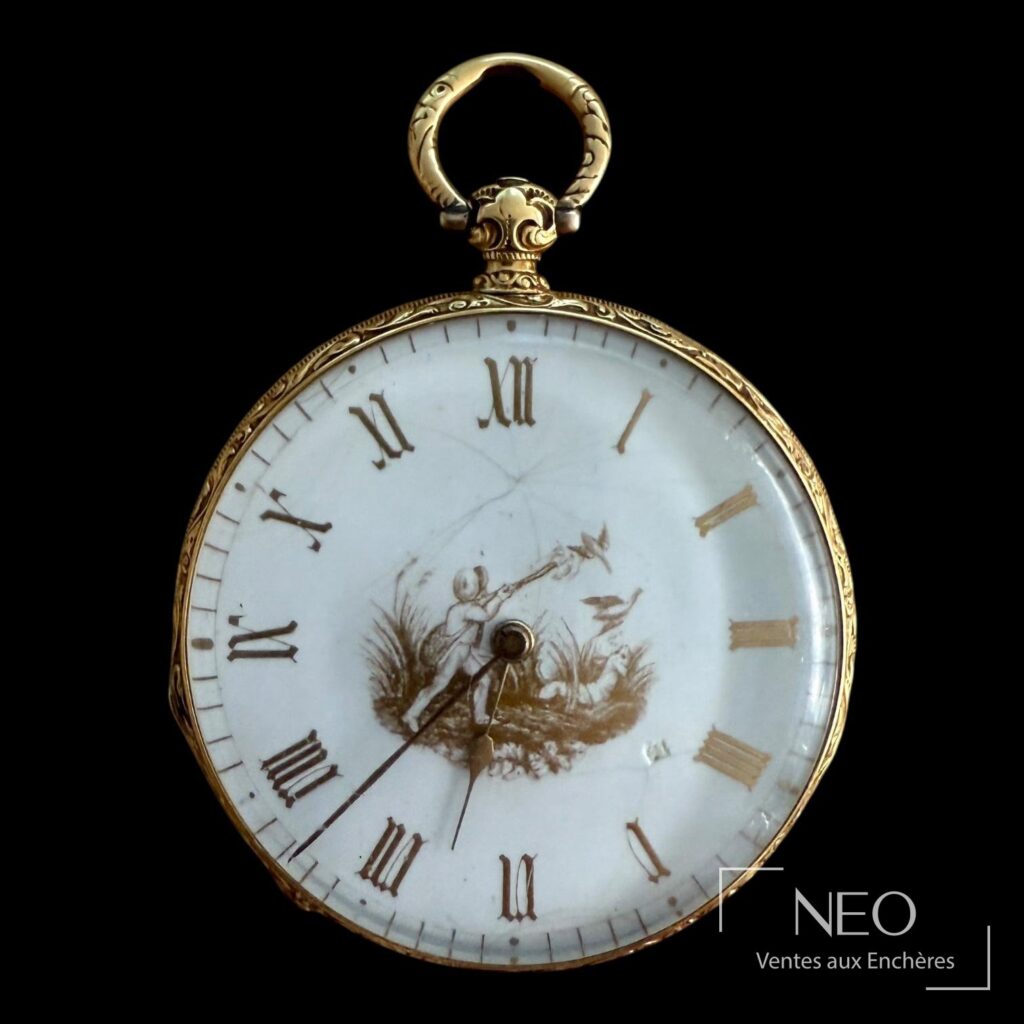 Montre à gousset en or jaune avec cadran émaillé blanc à scène de chasse et chiffres romains