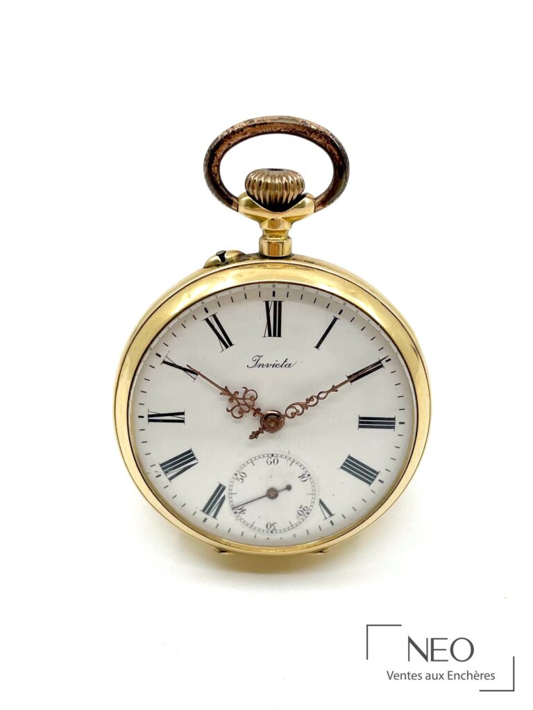 Montre à gousset Invicta en or jaune avec cadran émaillé blanc et chiffres romains