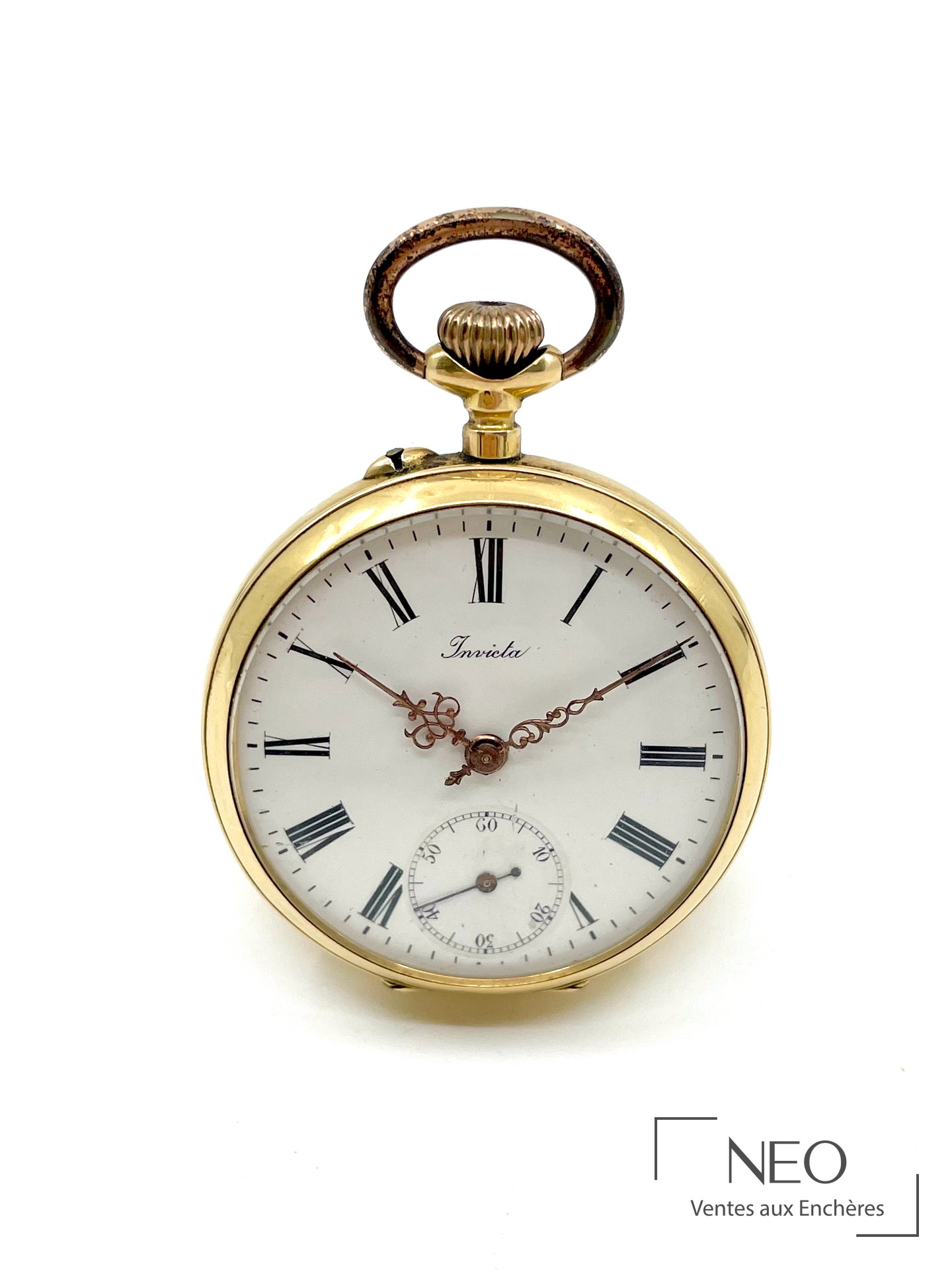 Montre à gousset Invicta en or jaune avec cadran émaillé blanc et chiffres romains