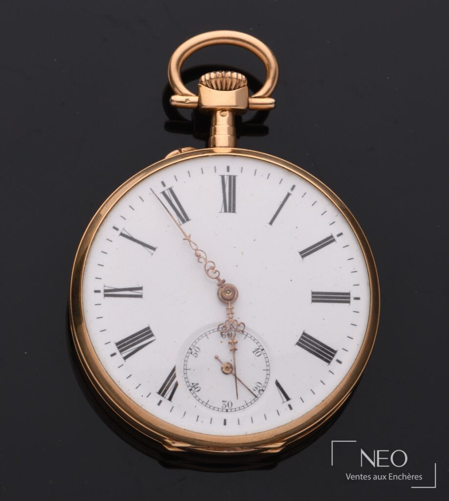 Montre à gousset en or jaune avec cadran émaillé blanc et chiffres romains