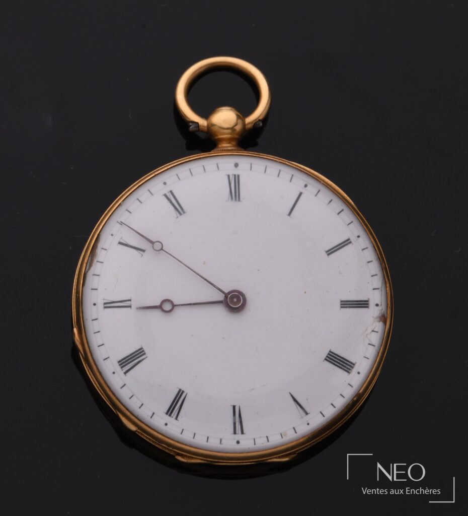 Montre à gousset en or jaune avec cadran émaillé blanc et chiffres romains