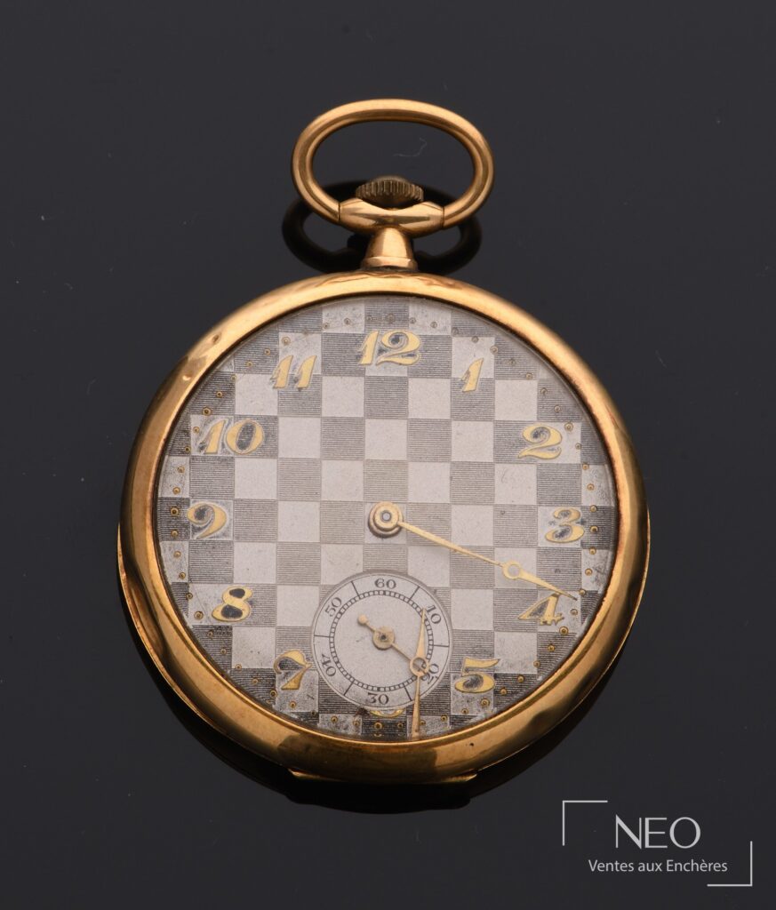 Montre à gousset en or jaune avec cadran à damiers et petite seconde à 6 h