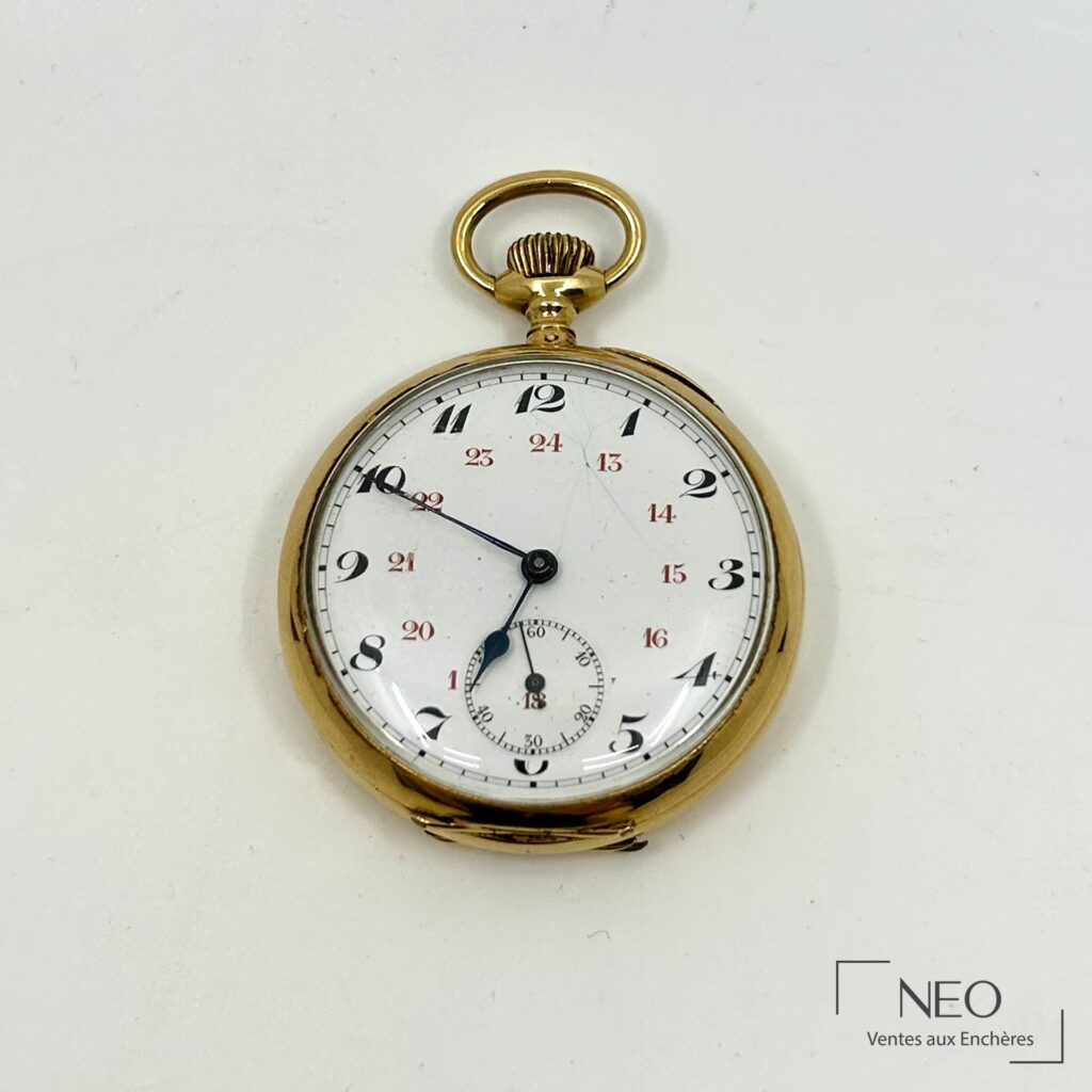 Montre à gousset en or jaune avec cadran émaillé aux chiffres arabes et sous-compteur