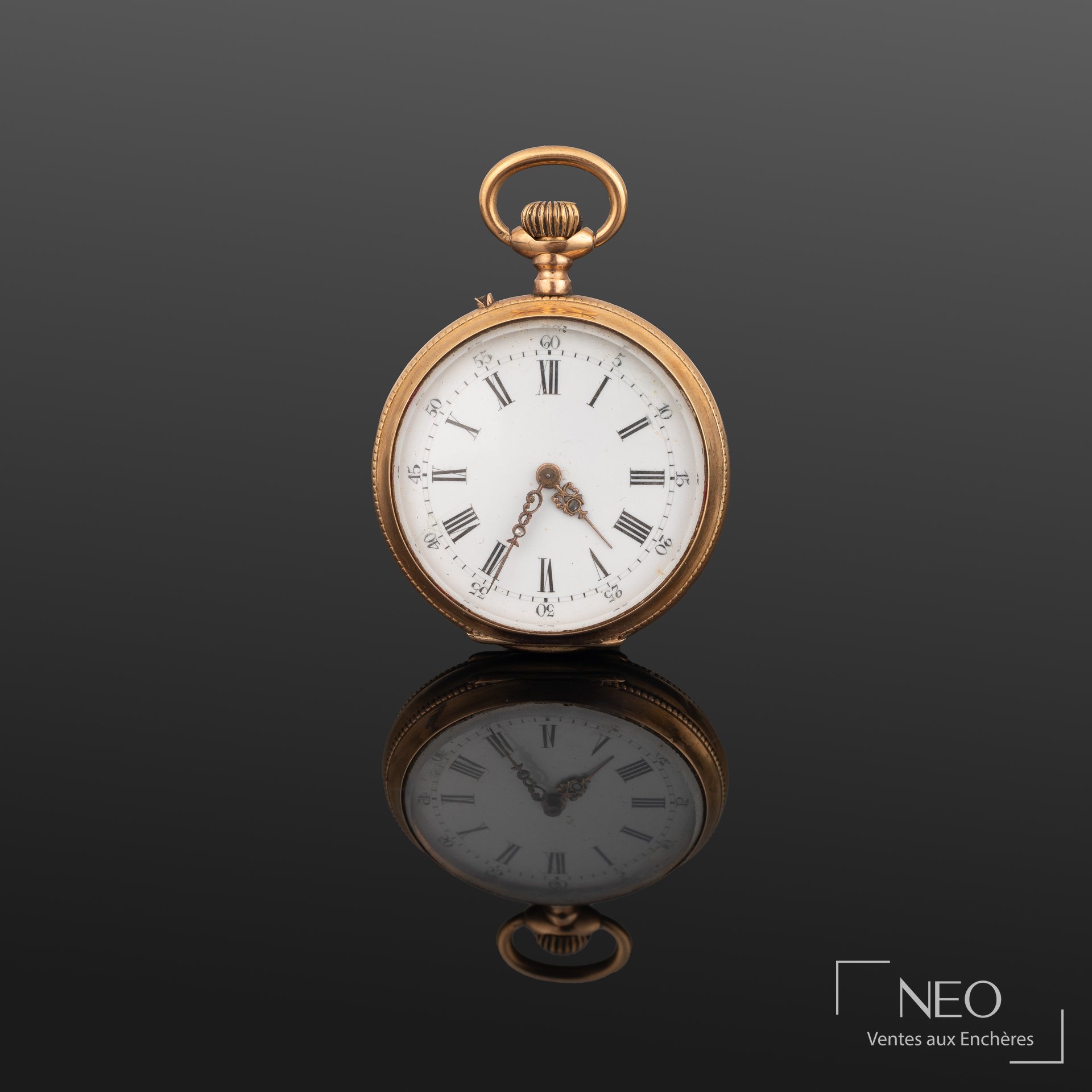 Montre à gousset en or jaune avec cadran émaillé blanc et chiffres romains