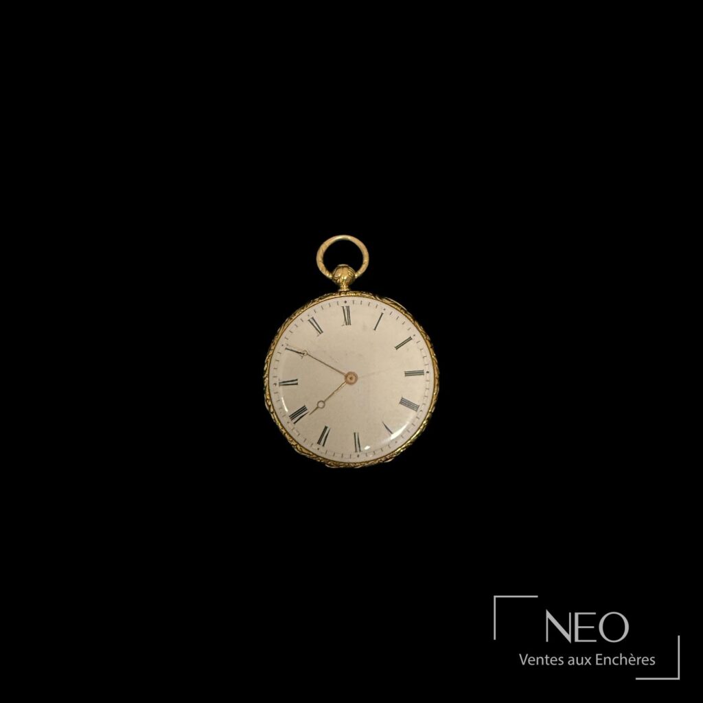 Montre à gousset en or jaune avec cadran émaillé blanc et chiffres romains
