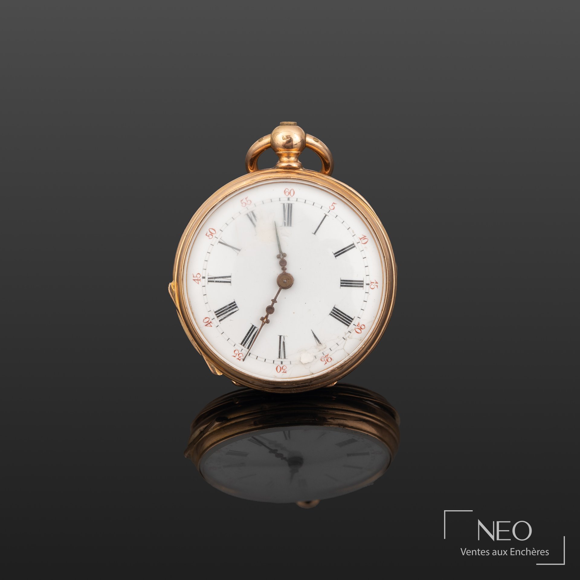 Montre à gousset en or jaune avec cadran émaillé blanc et chiffres romains