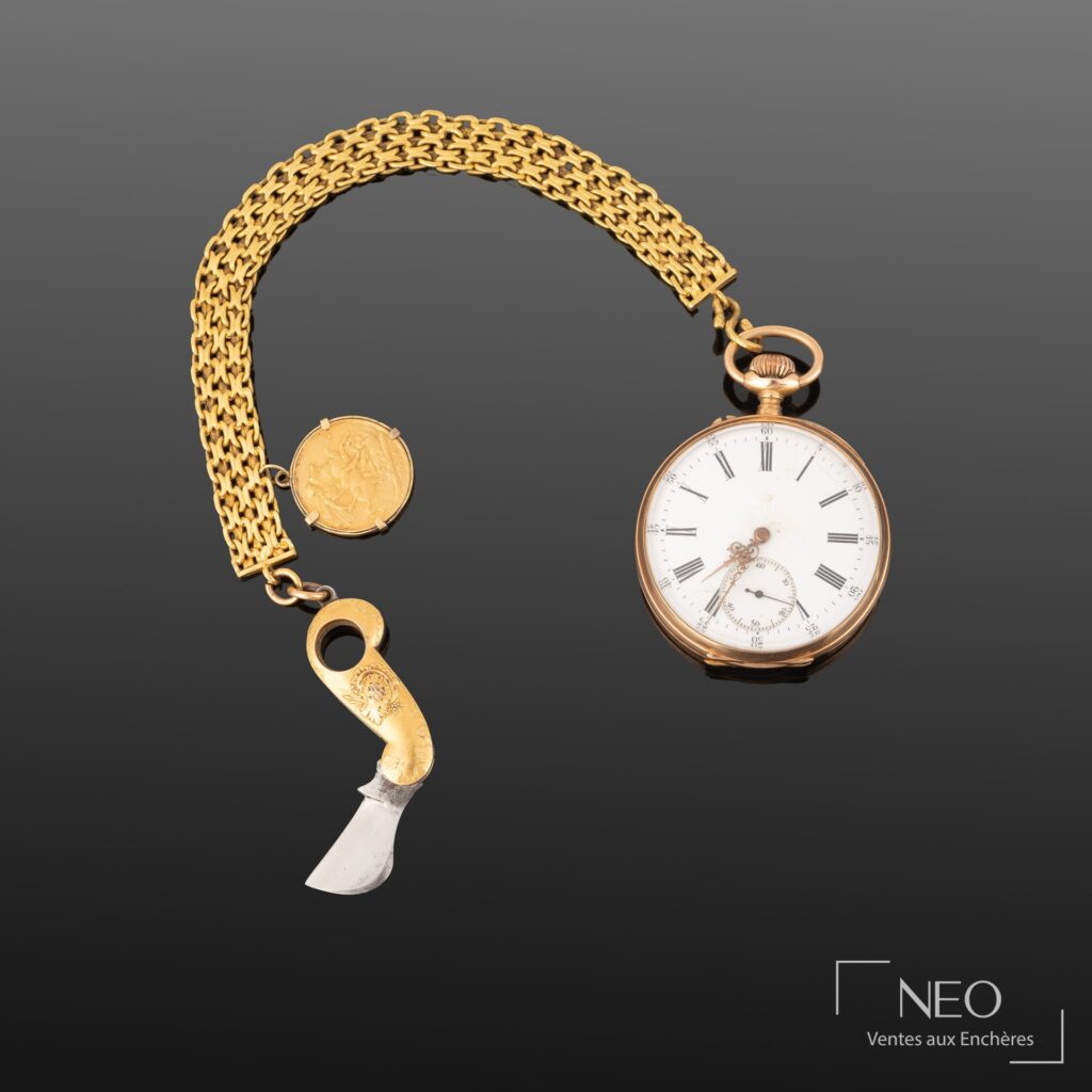 Montre à gousset en or rose avec cadran émaillé blanc et chaîne giletière