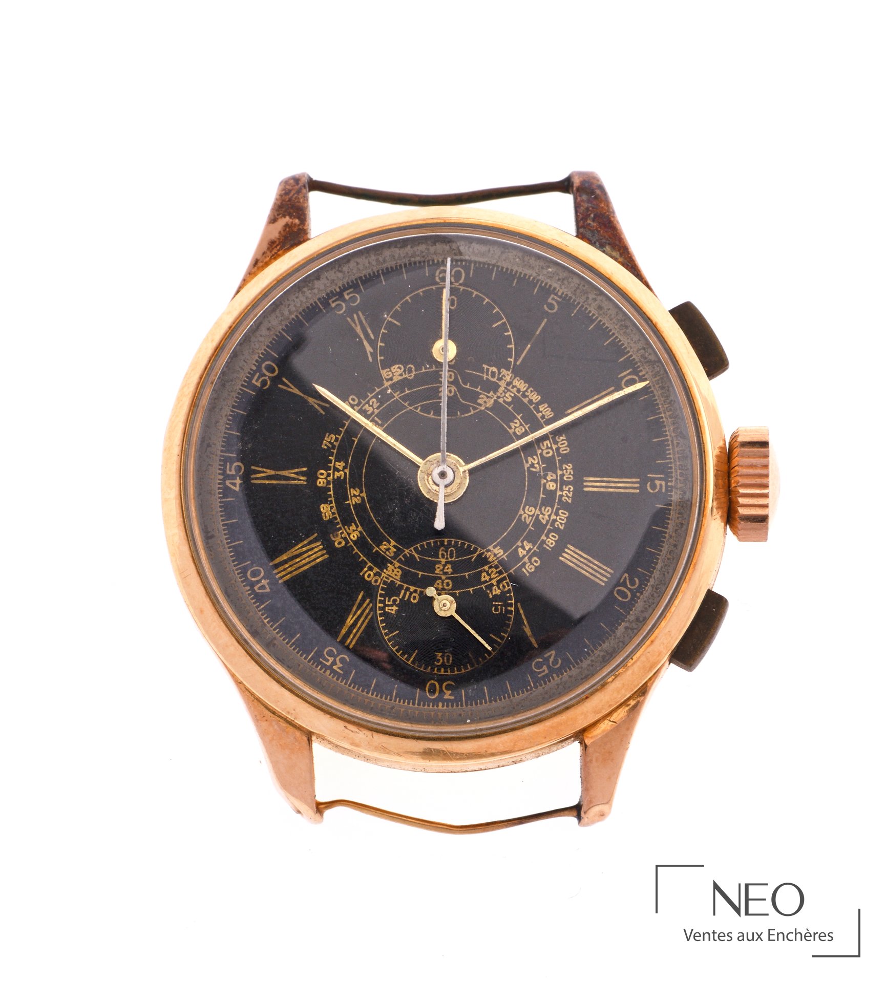 Montre chronographe en or rose 18 carats, cadran noir, mouvement mécanique