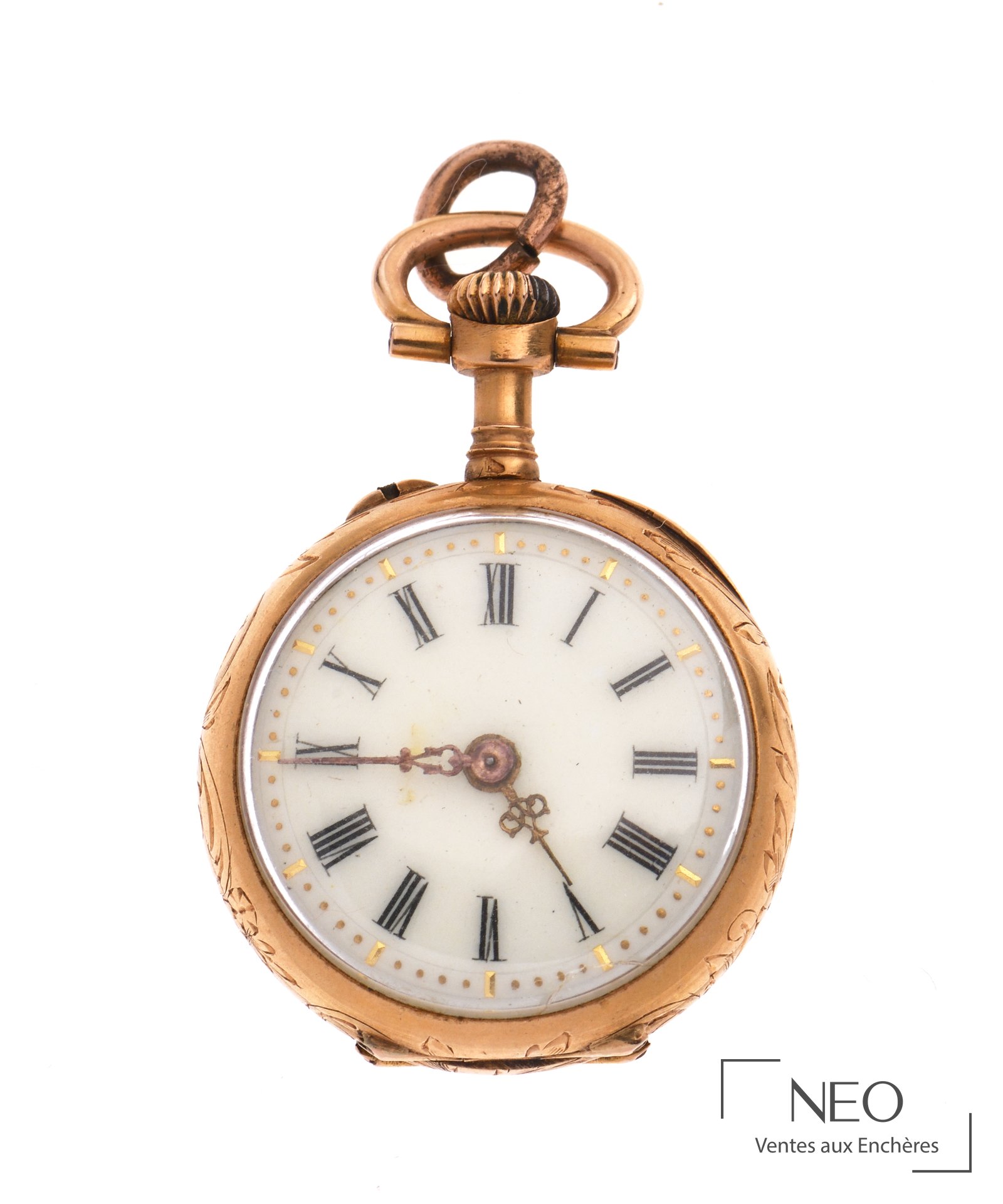 Montre de col en or jaune 18 carats, dos émaillé, mouvement mécanique