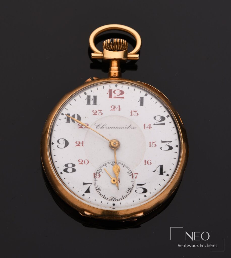 Montre de poche en or jaune avec cadran émaillé blanc et petite seconde à 6 heures