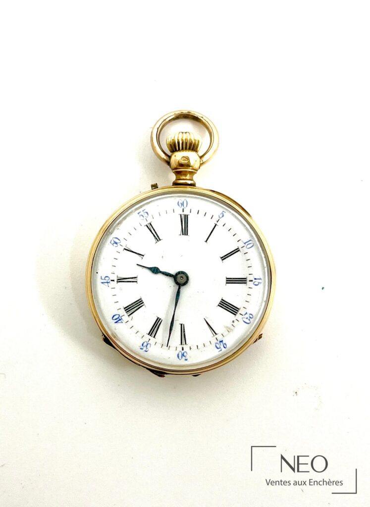 Montre gousset en or jaune à cadran émaillé blanc avec chiffres romains et arabes