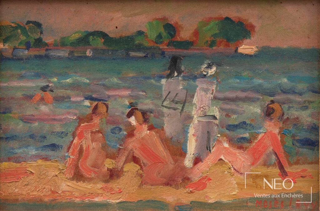 Huile sur carton de Moses Levy représentant des baigneurs au bord de l'eau