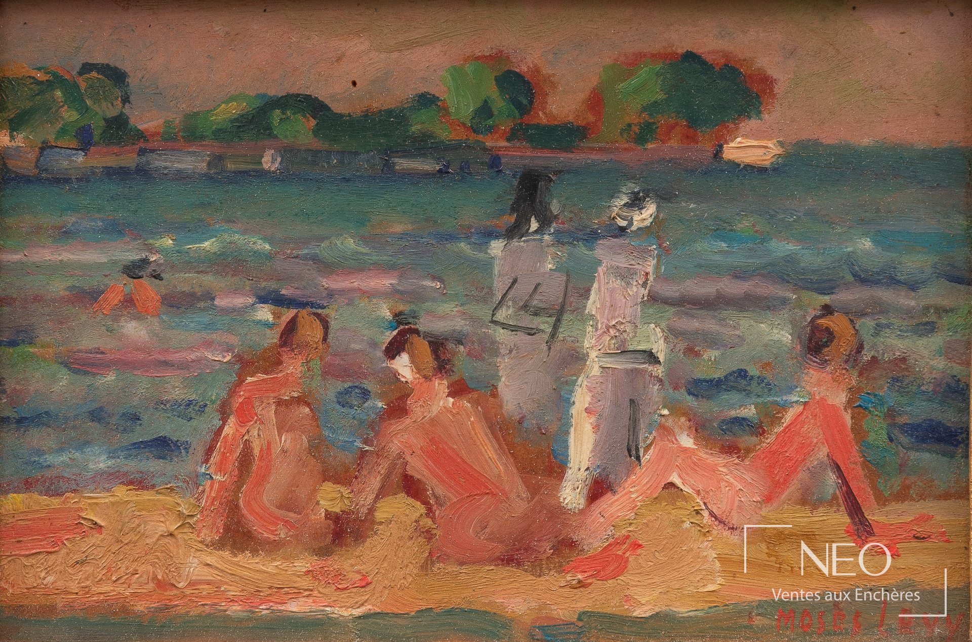 Huile sur carton de Moses Levy représentant des baigneurs au bord de l'eau