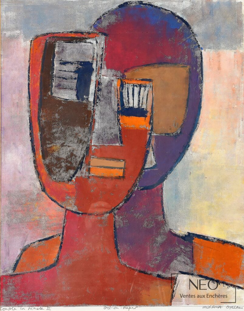 Composition abstraite colorée figurant un visage stylisé sur papier