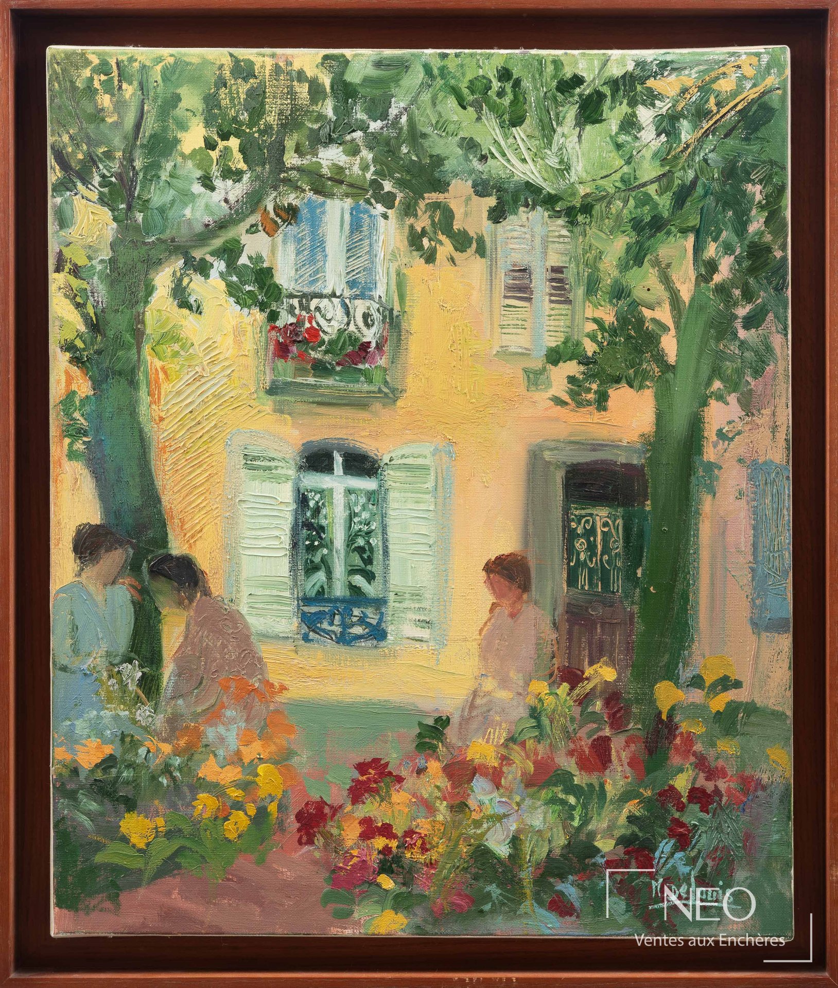 Huile sur toile représentant une scène de jardin devant une façade aux volets clairs