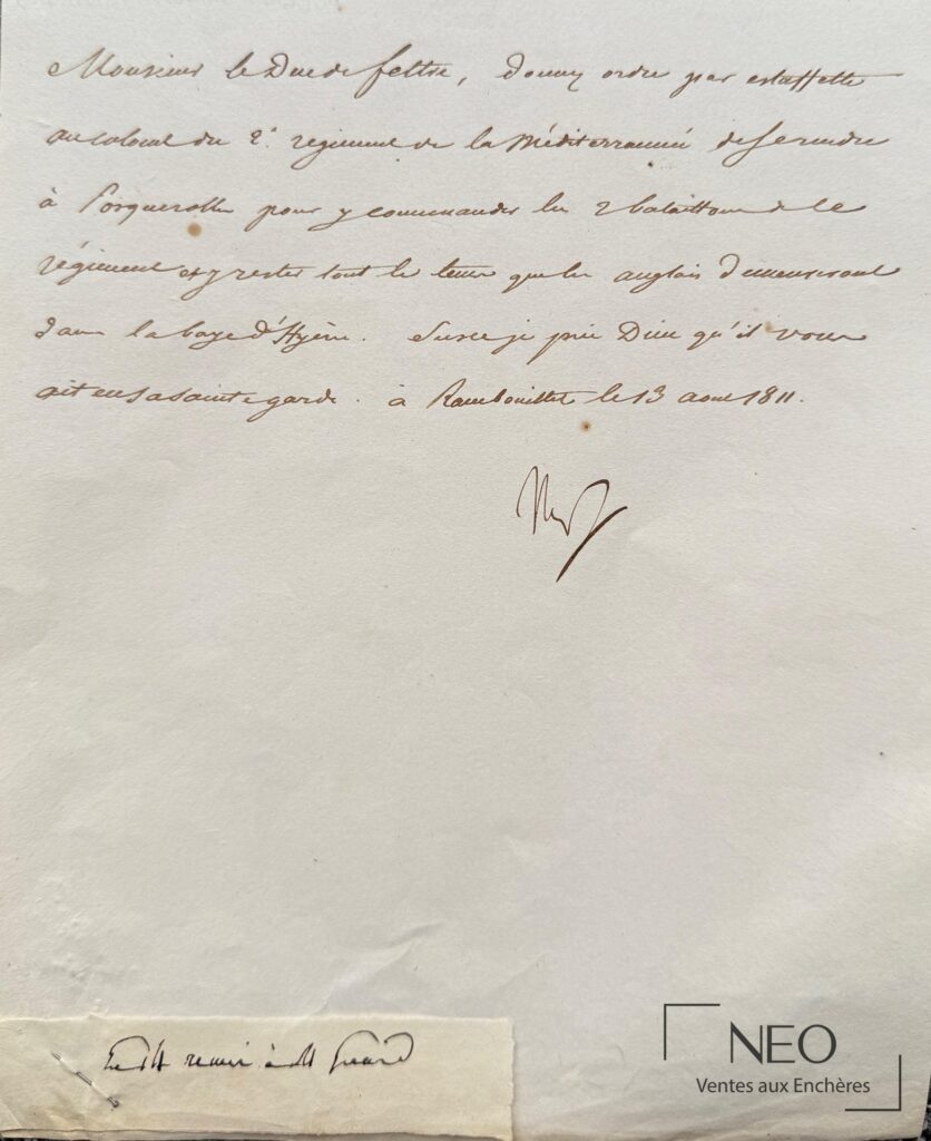 Lettre manuscrite signée de Napoléon Bonaparte sur papier