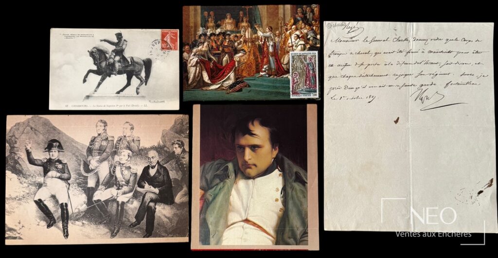 Lettre signée de Napoléon Bonaparte avec plusieurs documents illustrés de thème napoléonien