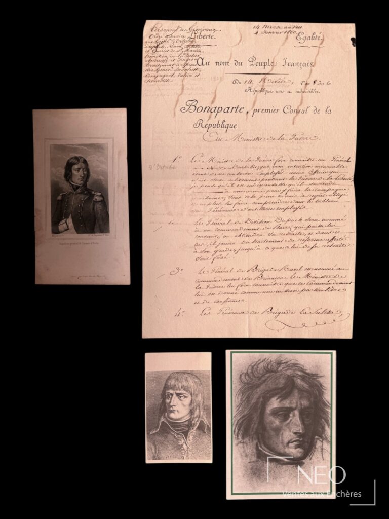 Vue d'ensemble du document signé avec deux petites reproductions de portrait et le texte manuscrit